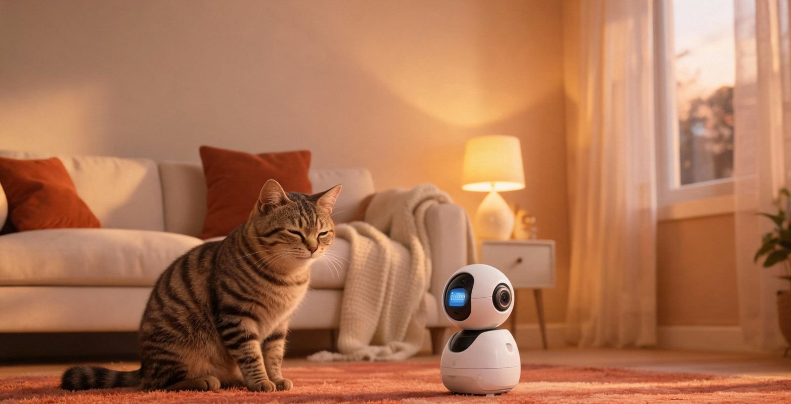 Pet camera robot with a cat at dusk