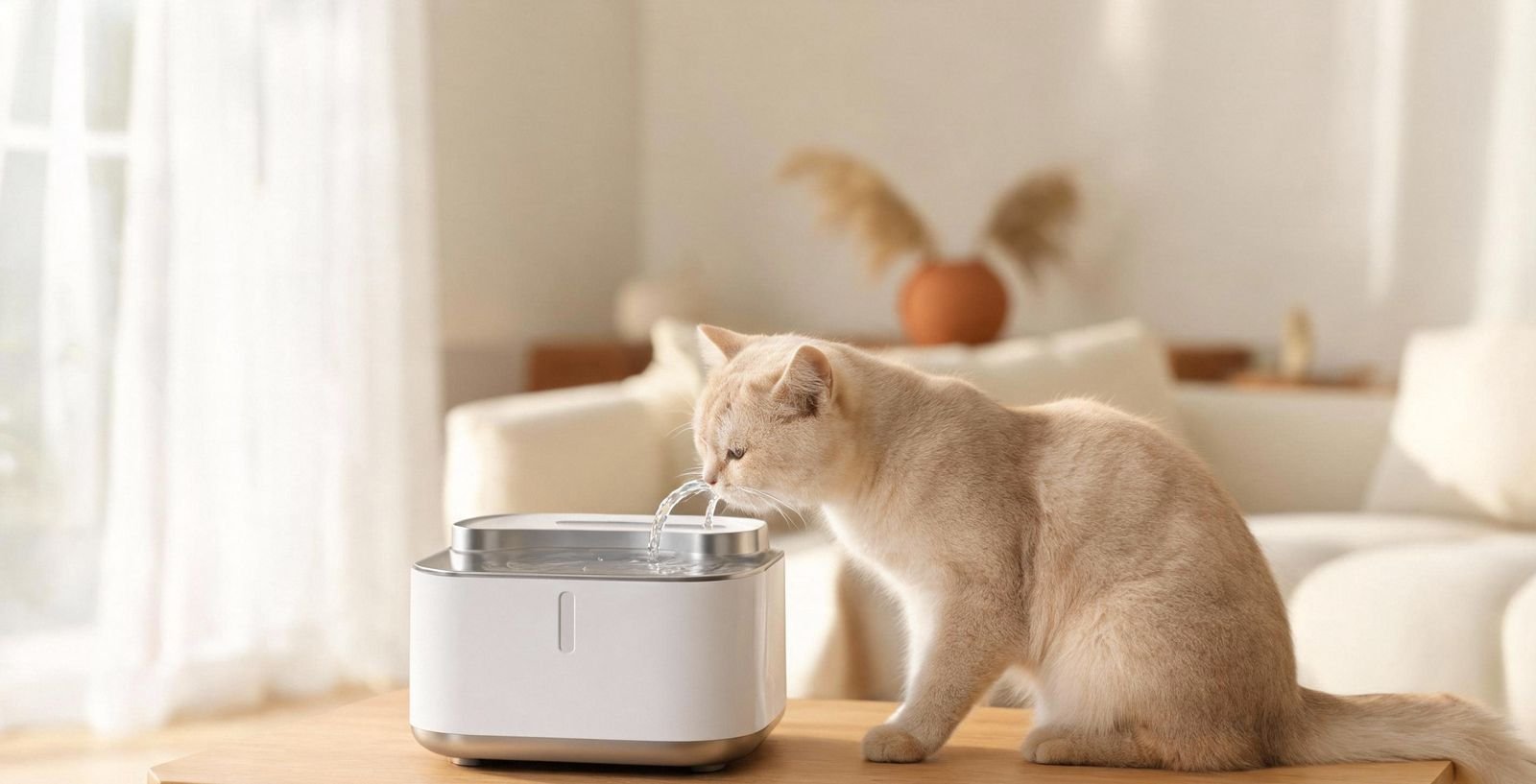 Smart water fountain with a cat drinking