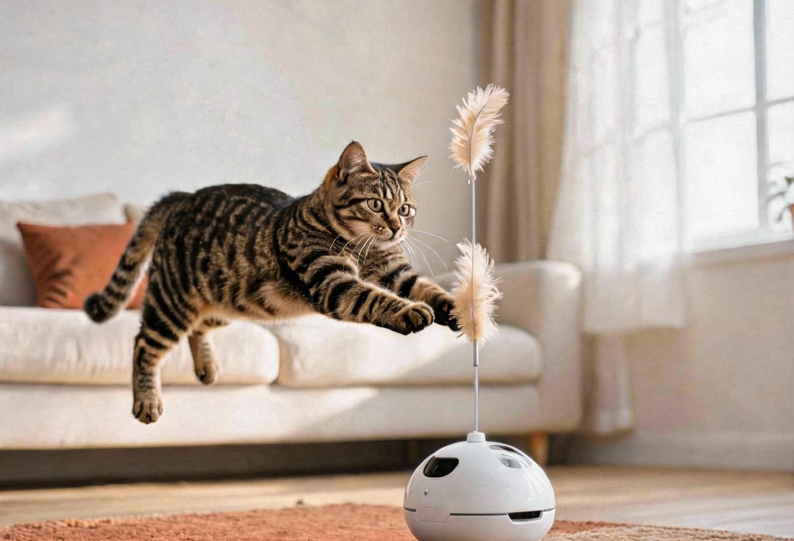 A tabby cat mid-pounce playing with the mcmidou interactive feather toy in a bright living room